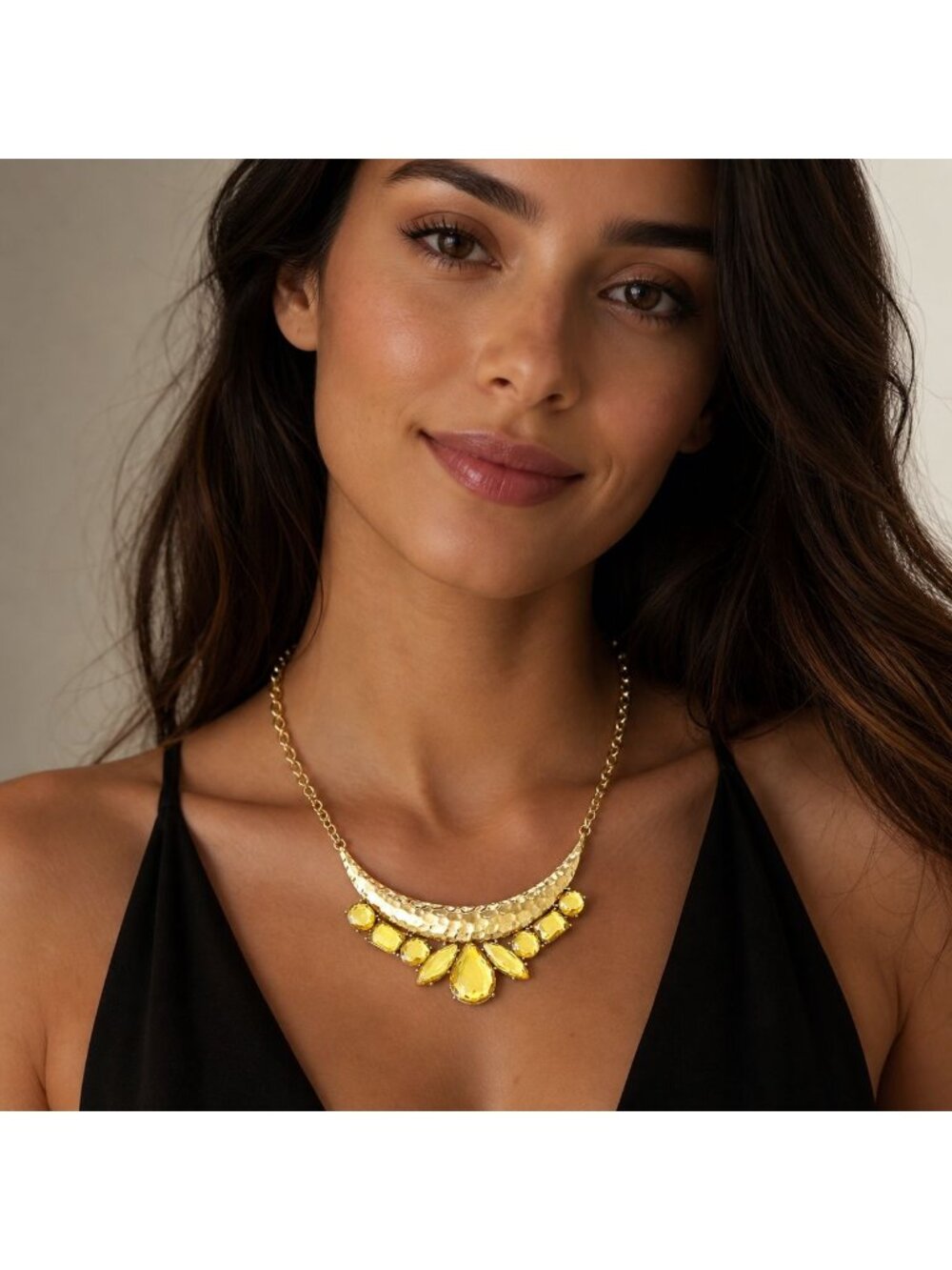 Gold Tone Statement Necklace Hammered Bib Amber Rhinestone Boho Glam Bold Collar